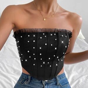 Black Pearl Detail Ruffled Trim Corset Bustier Crop Top